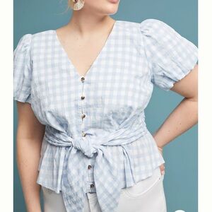 Maeve by Anthropologie Blue Gingham Button Peplum Tie Waist Blouse Shirt 18W